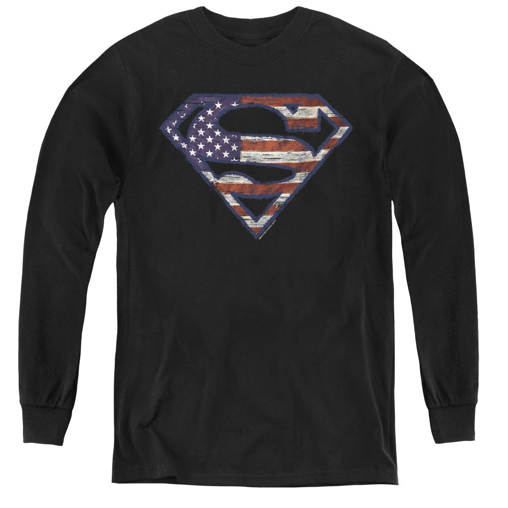 Superman Wartorn Flag Long Sleeve Kids Youth T Shirt Black