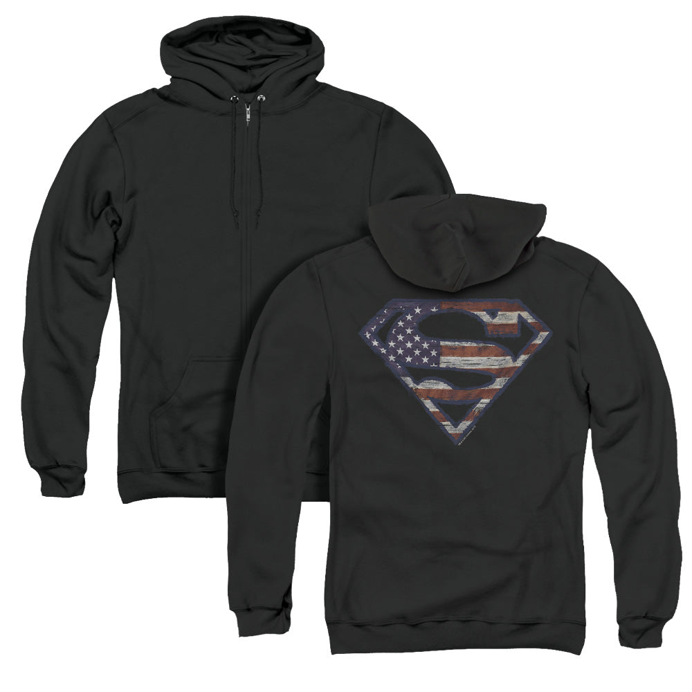 Superman Wartorn Flag Back Print Zipper Mens Hoodie Black