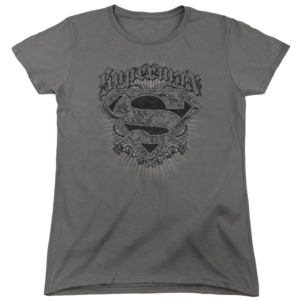 Superman Scrolling Shield Womens T Shirt Charcoal