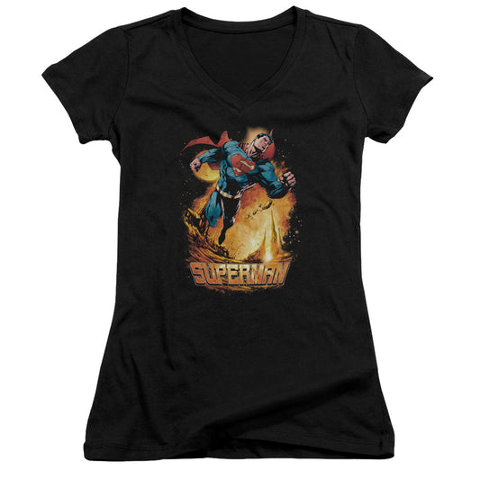 Superman Space Case Junior Sheer Cap Sleeve V Neck Womens T Shirt Black