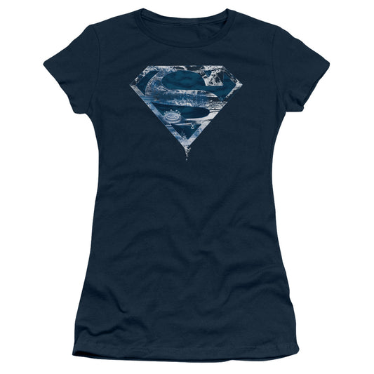 Superman Water Shield Junior Sheer Cap Sleeve Womens T Shirt Navy