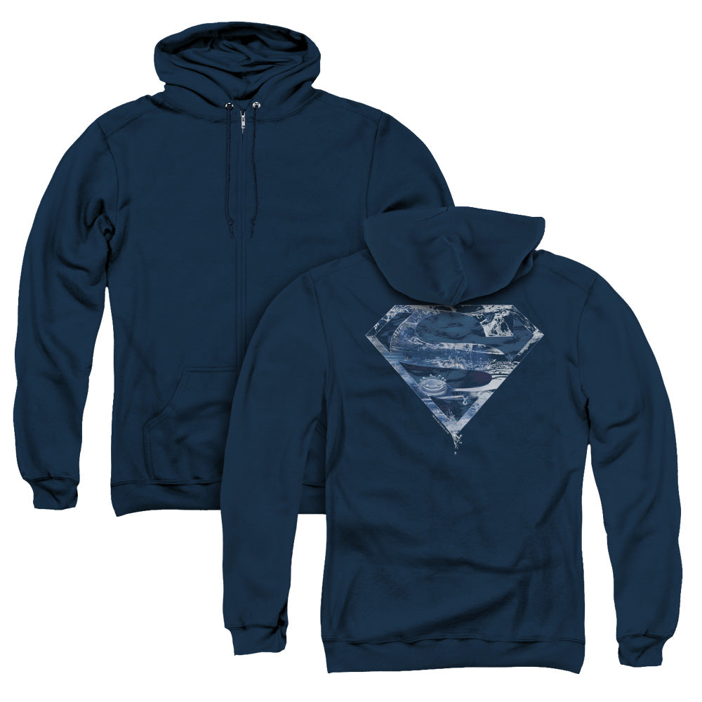 Superman Water Shield Back Print Zipper Mens Hoodie Navy