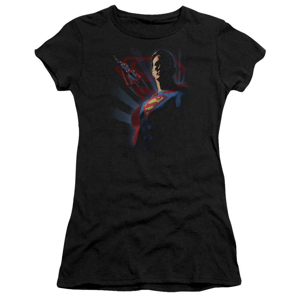 Superman Super Deco Junior Sheer Cap Sleeve Womens T Shirt Black