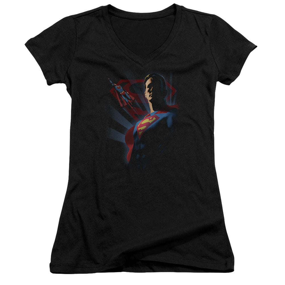 Superman Super Deco Junior Sheer Cap Sleeve V Neck Womens T Shirt Black