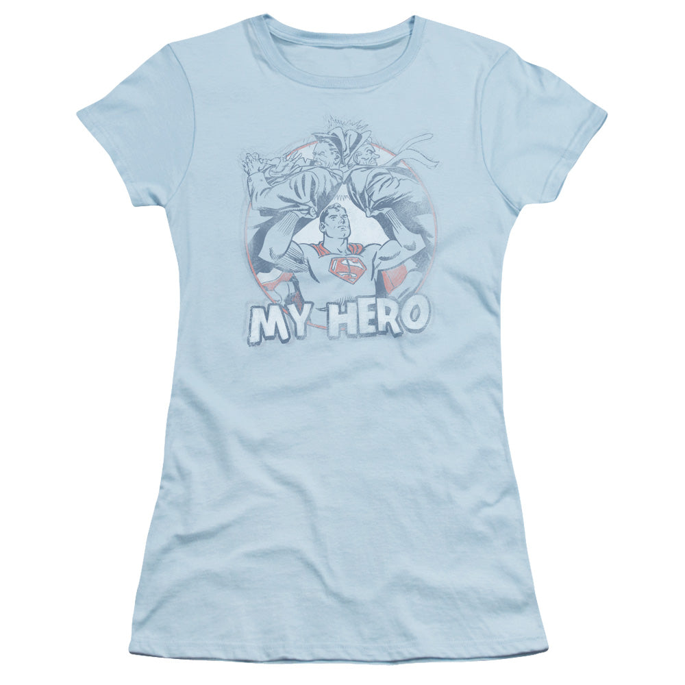 Superman My Hero Junior Sheer Cap Sleeve Womens T Shirt Light Blue