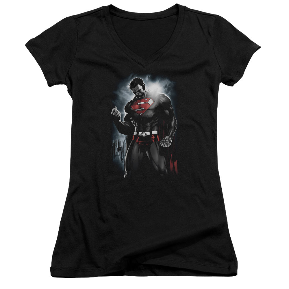 Superman Light Of The Sun Junior Sheer Cap Sleeve V Neck Womens T Shirt Black