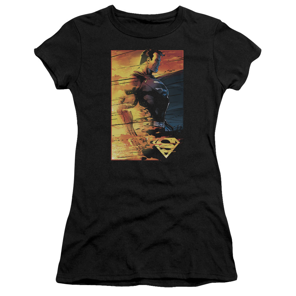 Superman Fireproof Junior Sheer Cap Sleeve Womens T Shirt Black