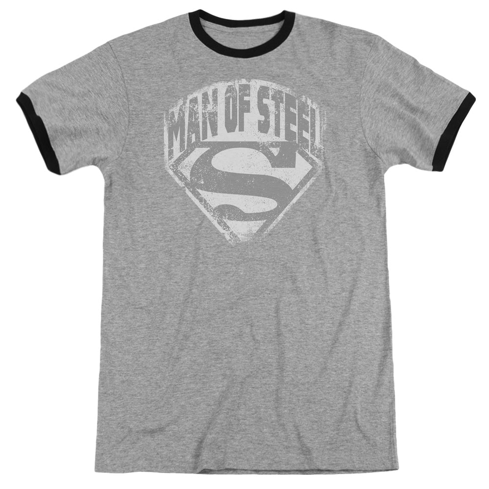 Superman Man Of Steel Shield Heather Ringer Mens T Shirt Heather Black