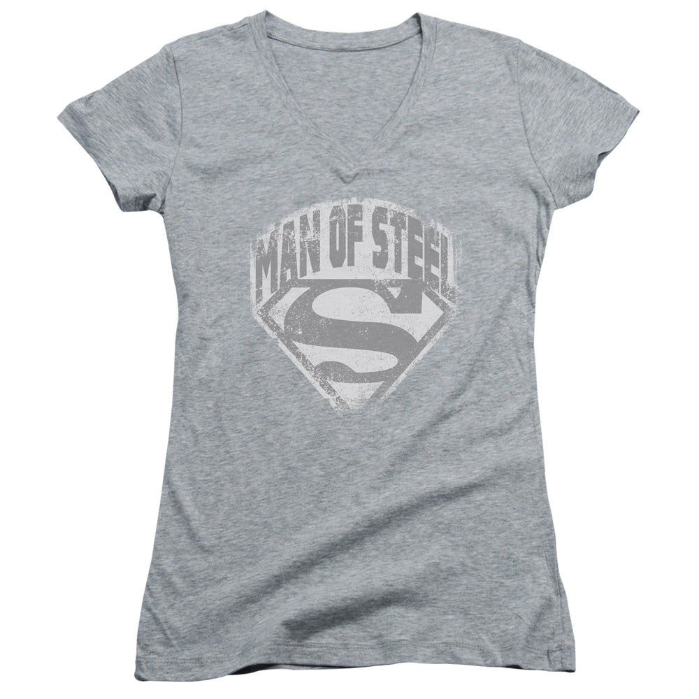 Superman Man Of Steel Shield Junior Sheer Cap Sleeve V Neck Womens T Shirt Athletic Heather