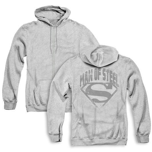 Superman Man Of Steel Shield Back Print Zipper Mens Hoodie Athletic Heather