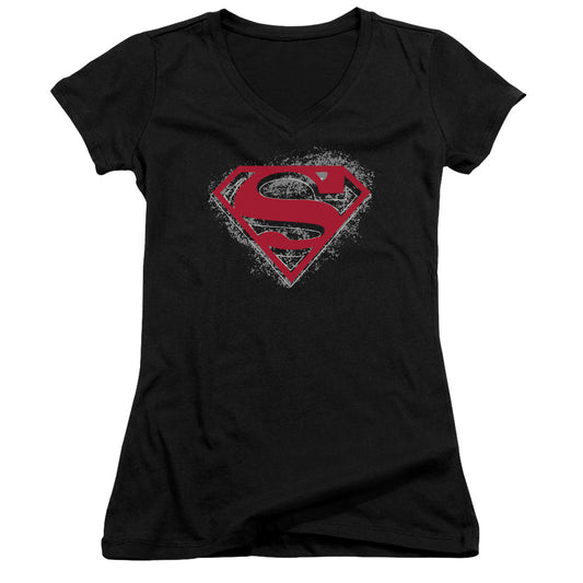 Superman Hardcore Noir Shield Junior Sheer Cap Sleeve V Neck Womens T Shirt Black