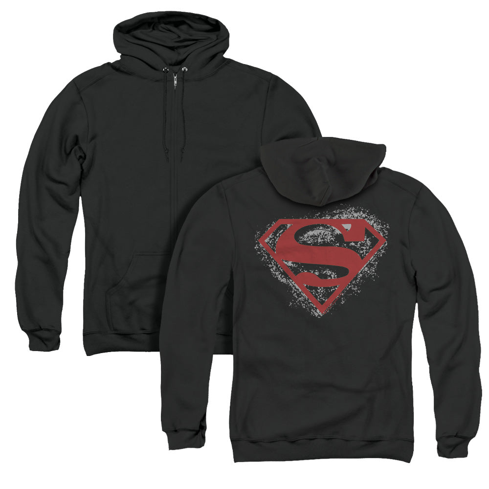 Superman Hardcore Noir Shield Back Print Zipper Mens Hoodie Black