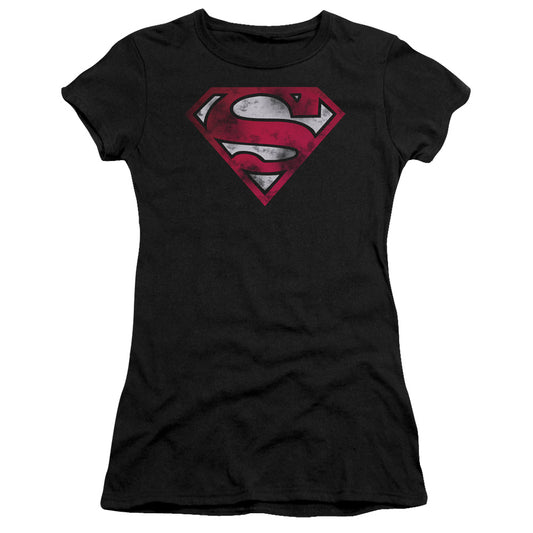 Superman War Torn Shield Junior Sheer Cap Sleeve Womens T Shirt Black