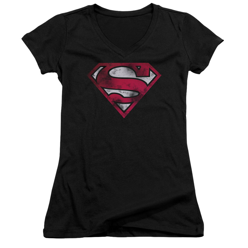 Superman War Torn Shield Junior Sheer Cap Sleeve V Neck Womens T Shirt Black