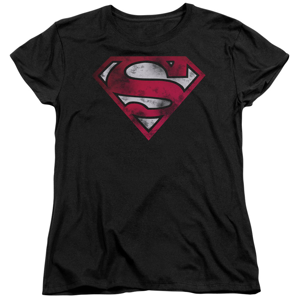 Superman War Torn Shield Womens T Shirt Black