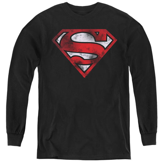 Superman War Torn Shield Long Sleeve Kids Youth T Shirt Black