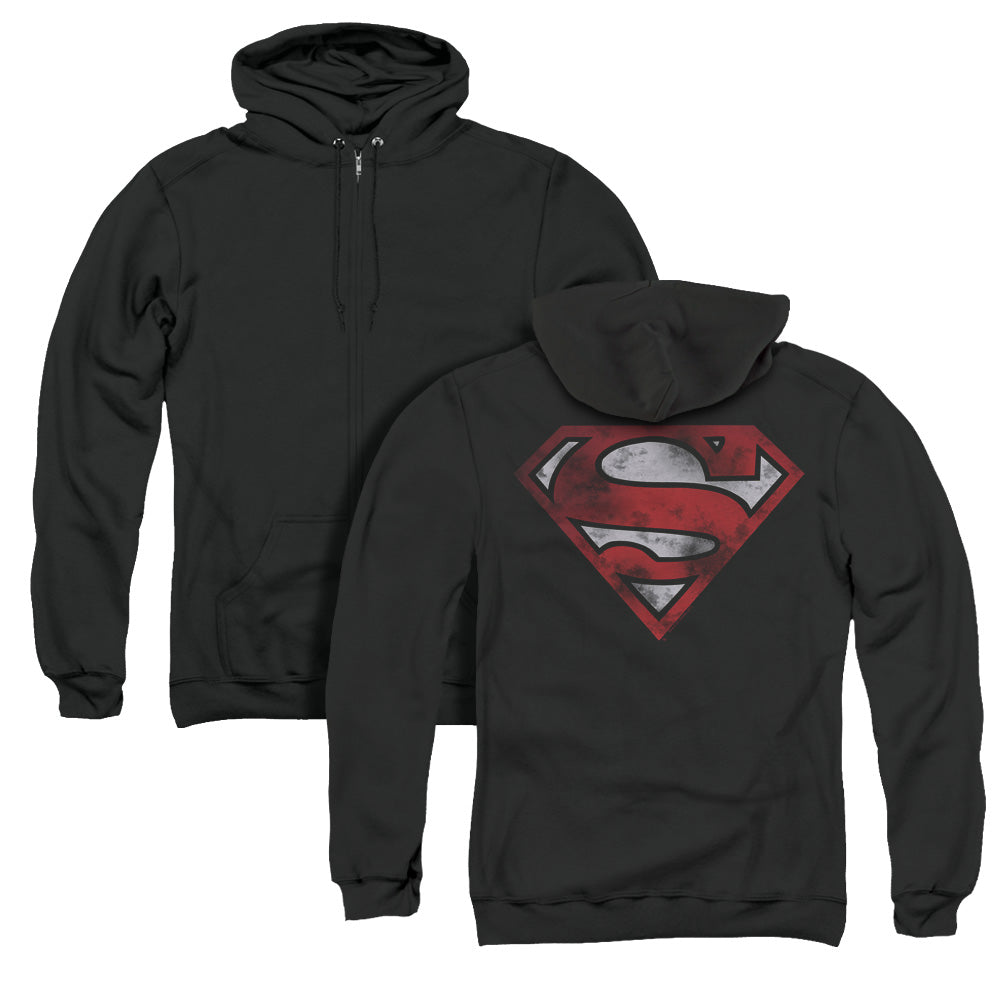 Superman War Torn Shield Back Print Zipper Mens Hoodie Black