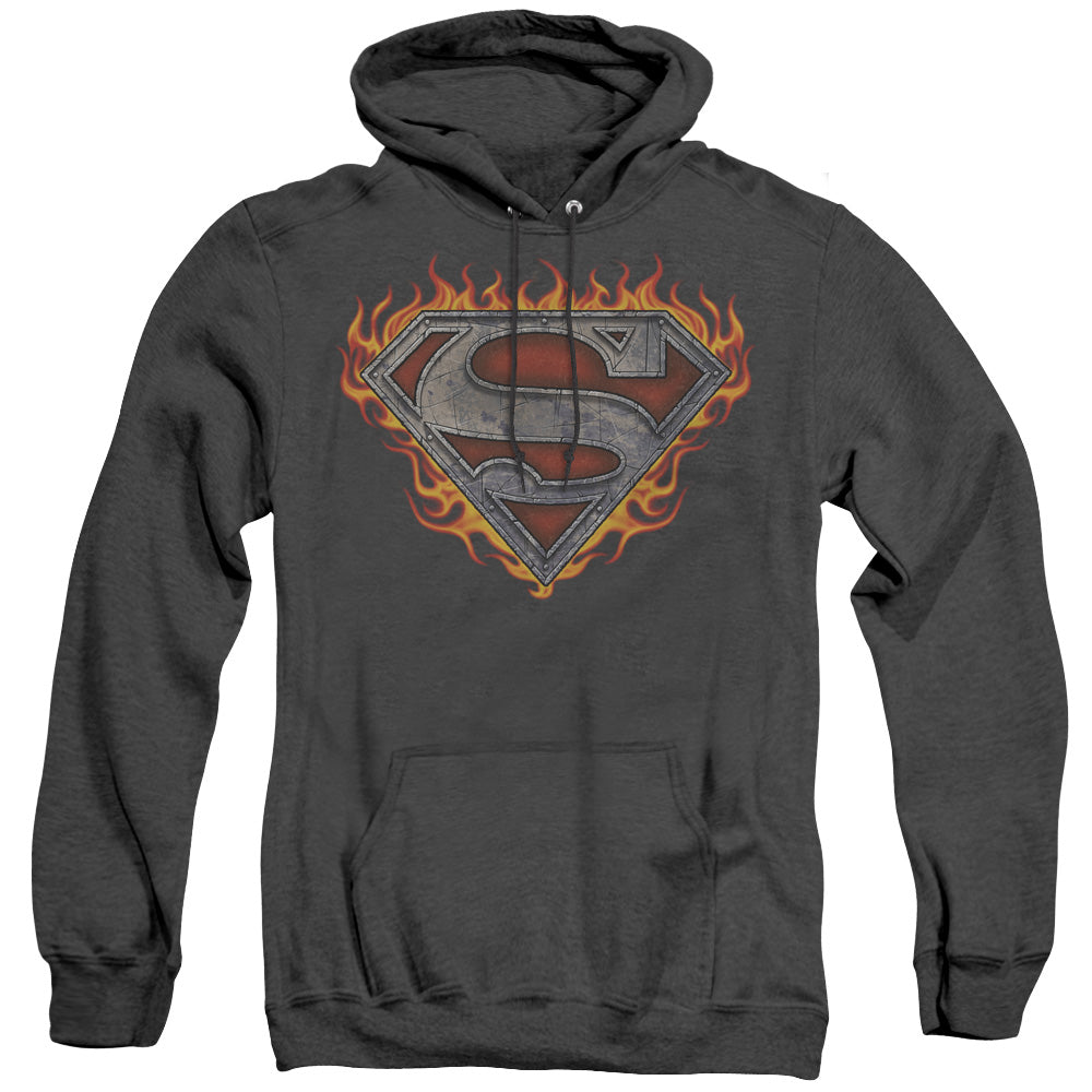 Superman Iron Fire Shield Heather Mens Hoodie Black