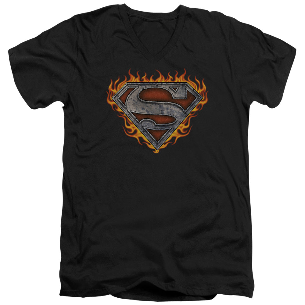 Superman Iron Fire Shield S S Adult V Neck Black