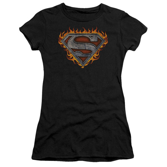 Superman Iron Fire Shield Junior Sheer Cap Sleeve Womens T Shirt Black