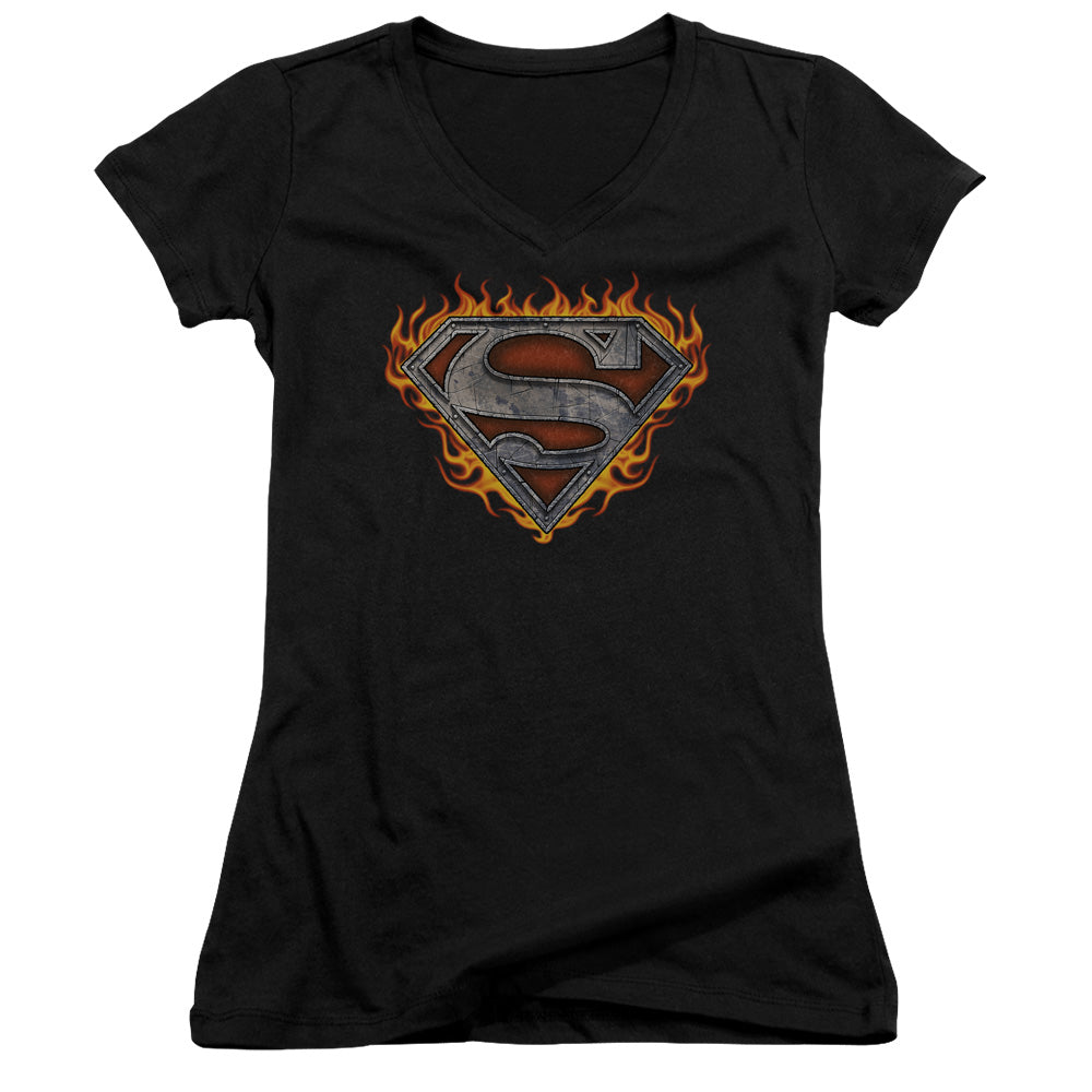 Superman Iron Fire Shield Junior Sheer Cap Sleeve V Neck Womens T Shirt Black