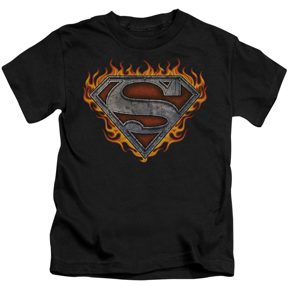 Superman Iron Fire Shield Juvenile Kids Youth T Shirt Black