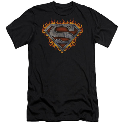 Superman Iron Fire Shield Premium Bella Canvas Slim Fit Mens T Shirt Black