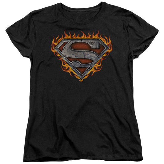 Superman Iron Fire Shield Womens T Shirt Black