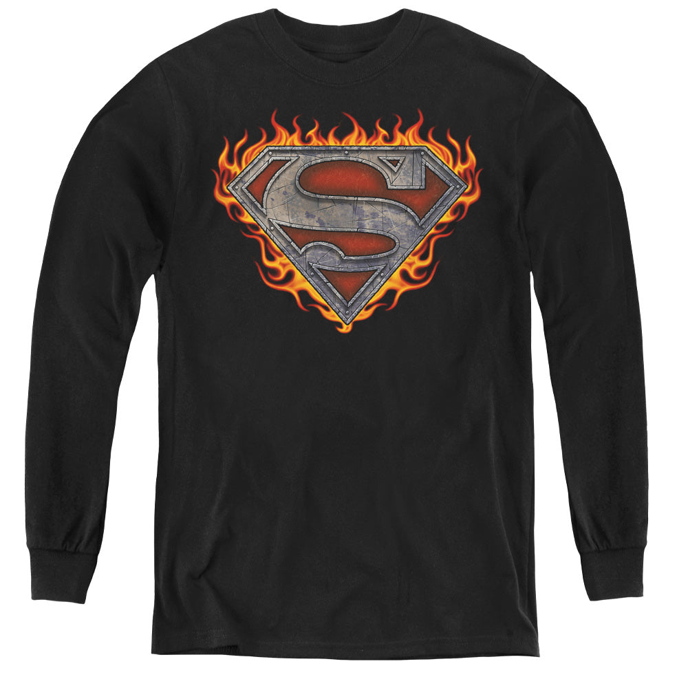 Superman Iron Fire Shield Long Sleeve Kids Youth T Shirt Black