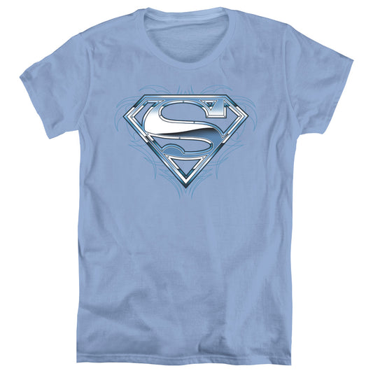 Superman Tribal Chrome Shield Womens T Shirt Carolina Blue