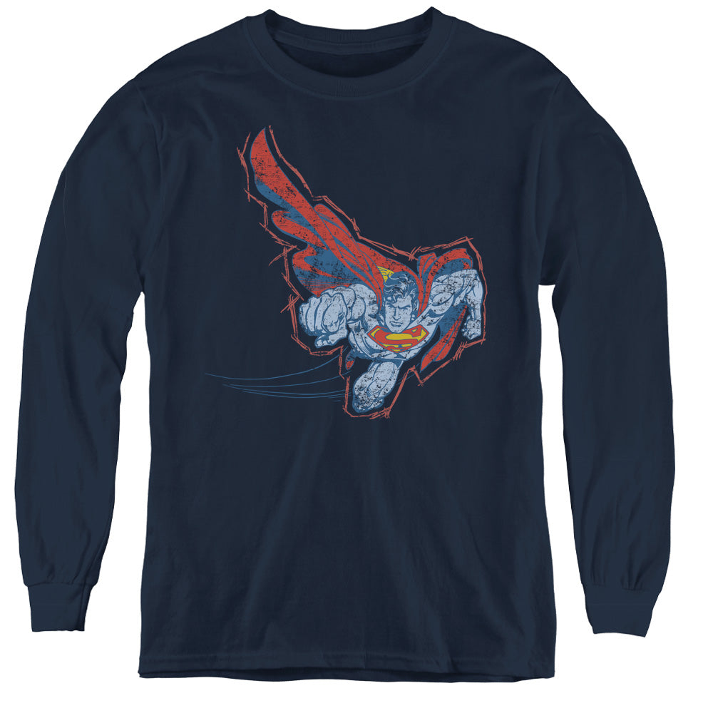 Superman Scribble & Soar Long Sleeve Kids Youth T Shirt Navy