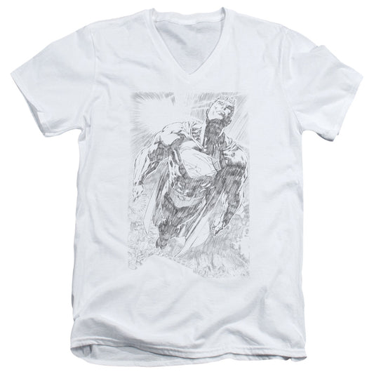 Superman Exploding Space Sketch S S Adult V Neck White