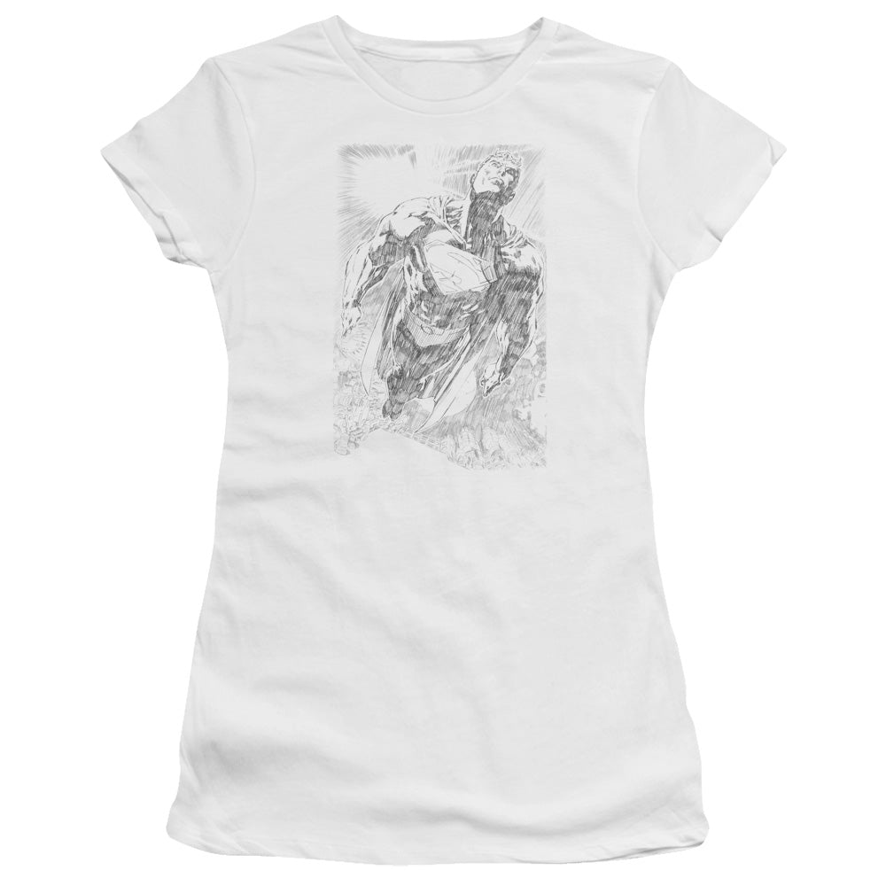 Superman Exploding Space Sketch Junior Sheer Cap Sleeve Womens T Shirt White