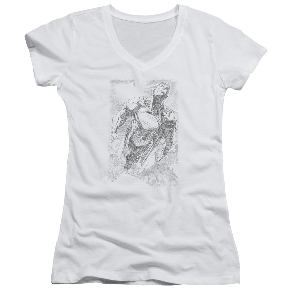 Superman Exploding Space Sketch Junior Sheer Cap Sleeve V Neck Womens T Shirt White