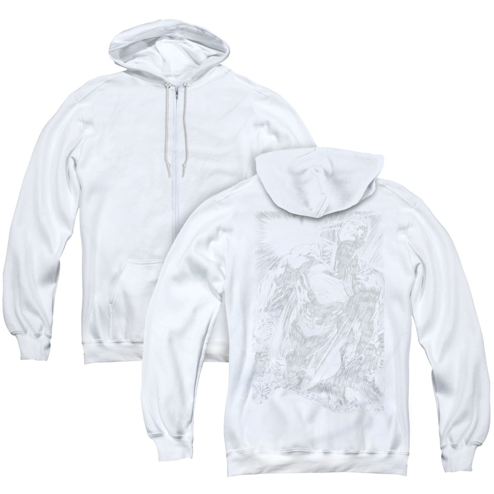 Superman Exploding Space Sketch Back Print Zipper Mens Hoodie White