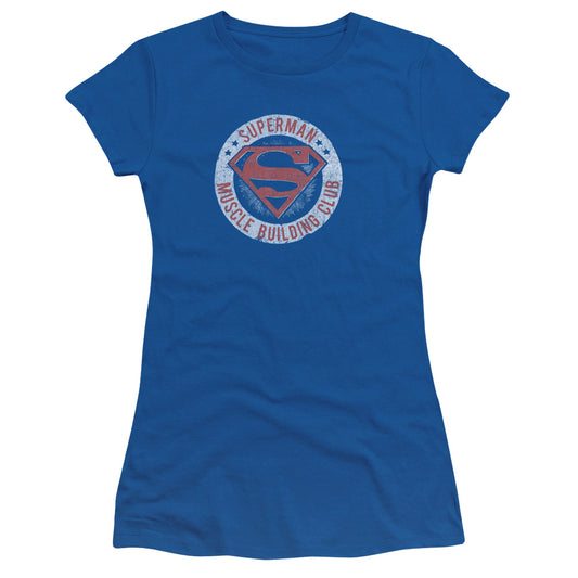 Superman Muscle Club Junior Sheer Cap Sleeve Womens T Shirt Royal Blue