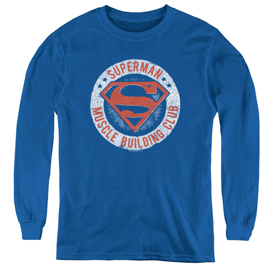 Superman Muscle Club Long Sleeve Kids Youth T Shirt Royal Blue