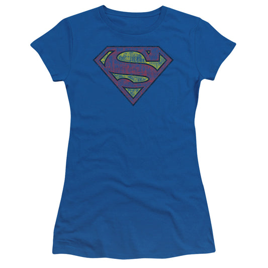 Superman Tattered Shield Junior Sheer Cap Sleeve Womens T Shirt Royal Blue