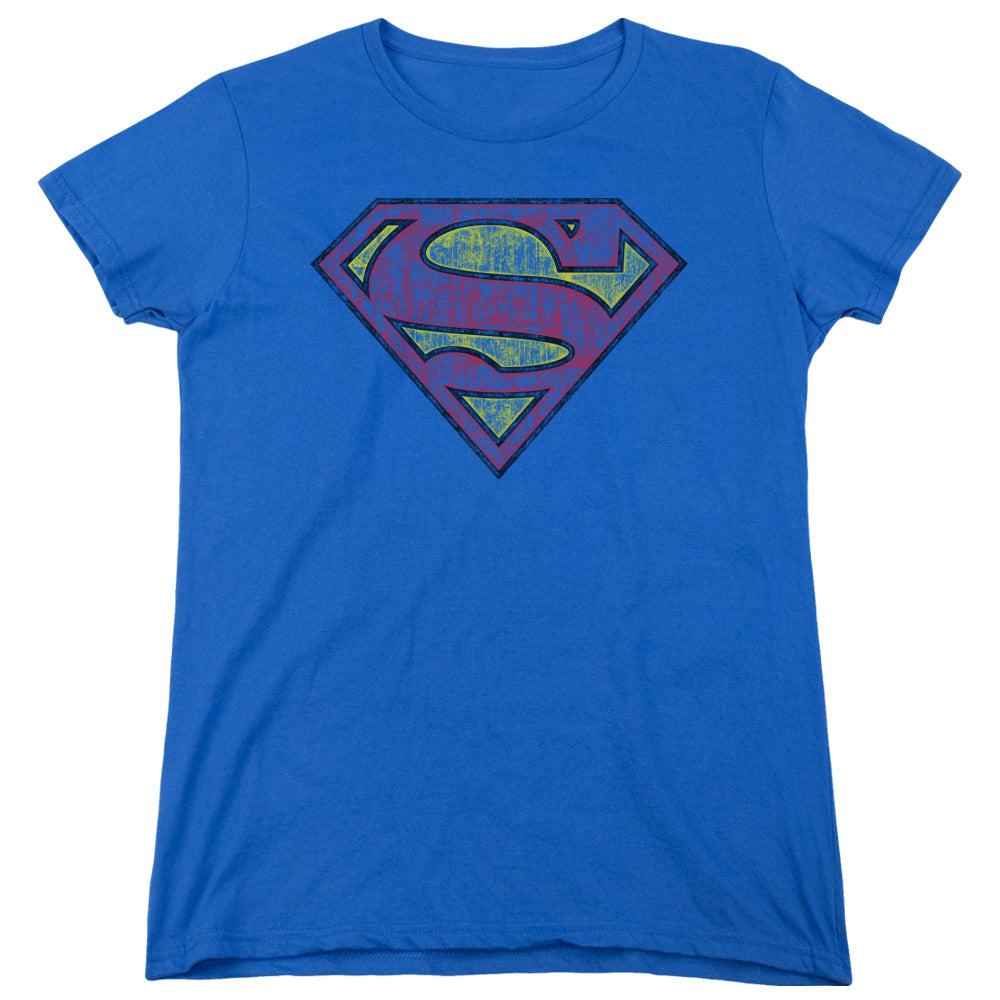 Superman Tattered Shield Womens T Shirt Royal Blue