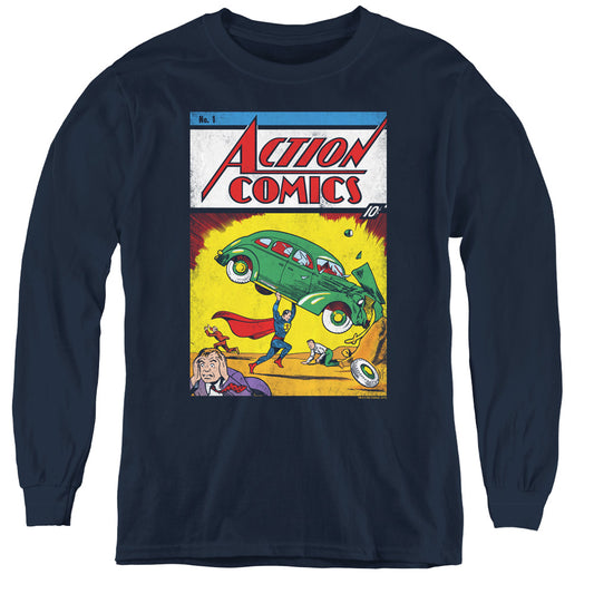 Superman Action No. 1 Long Sleeve Kids Youth T Shirt Navy