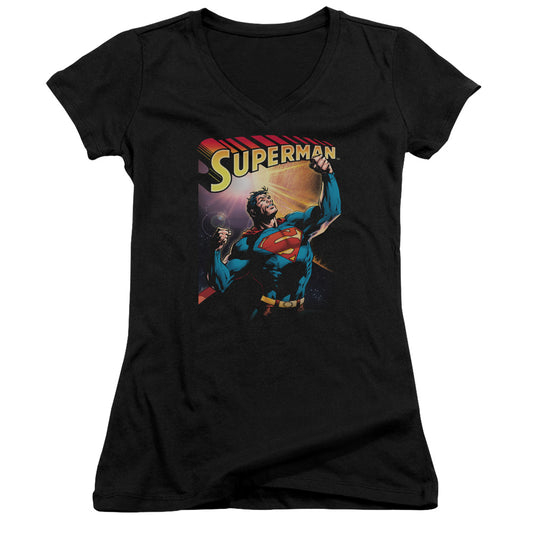 Superman Victory Junior Sheer Cap Sleeve V Neck Womens T Shirt Black