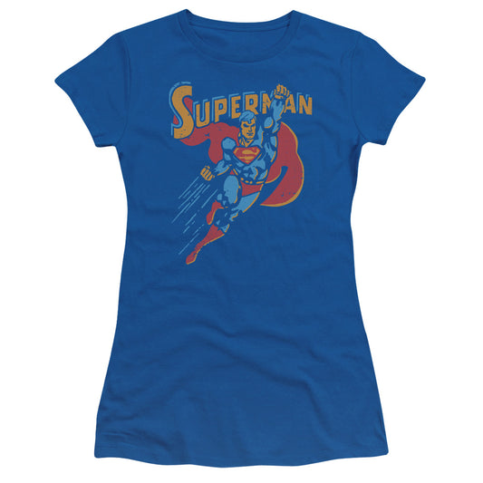 Superman Life Like Action Junior Sheer Cap Sleeve Womens T Shirt Royal Blue