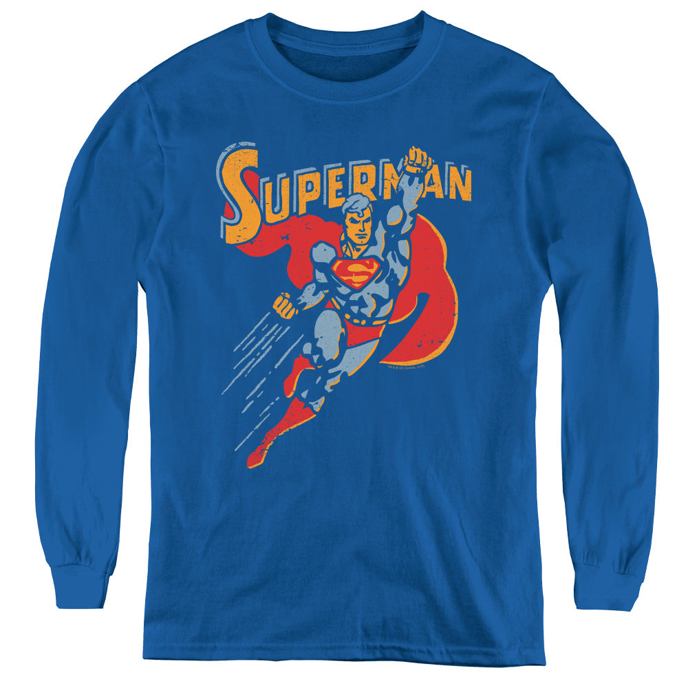 Superman Life Like Action Long Sleeve Kids Youth T Shirt Royal Blue