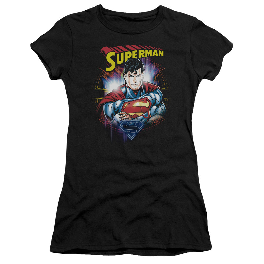 Superman Glam Junior Sheer Cap Sleeve Womens T Shirt Black