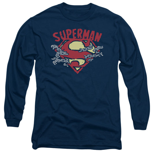 Superman Chain Breaking Mens Long Sleeve Shirt Navy