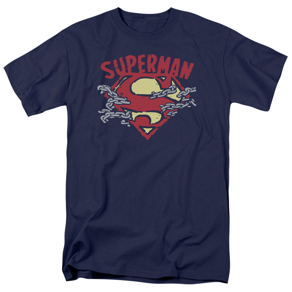 Superman Chain Breaking Mens T Shirt Navy Blue