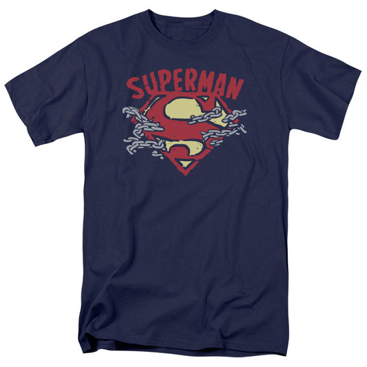 Superman Chain Breaking Mens T Shirt Navy Blue