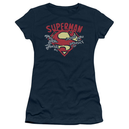 Superman Chain Breaking Junior Sheer Cap Sleeve Womens T Shirt Navy