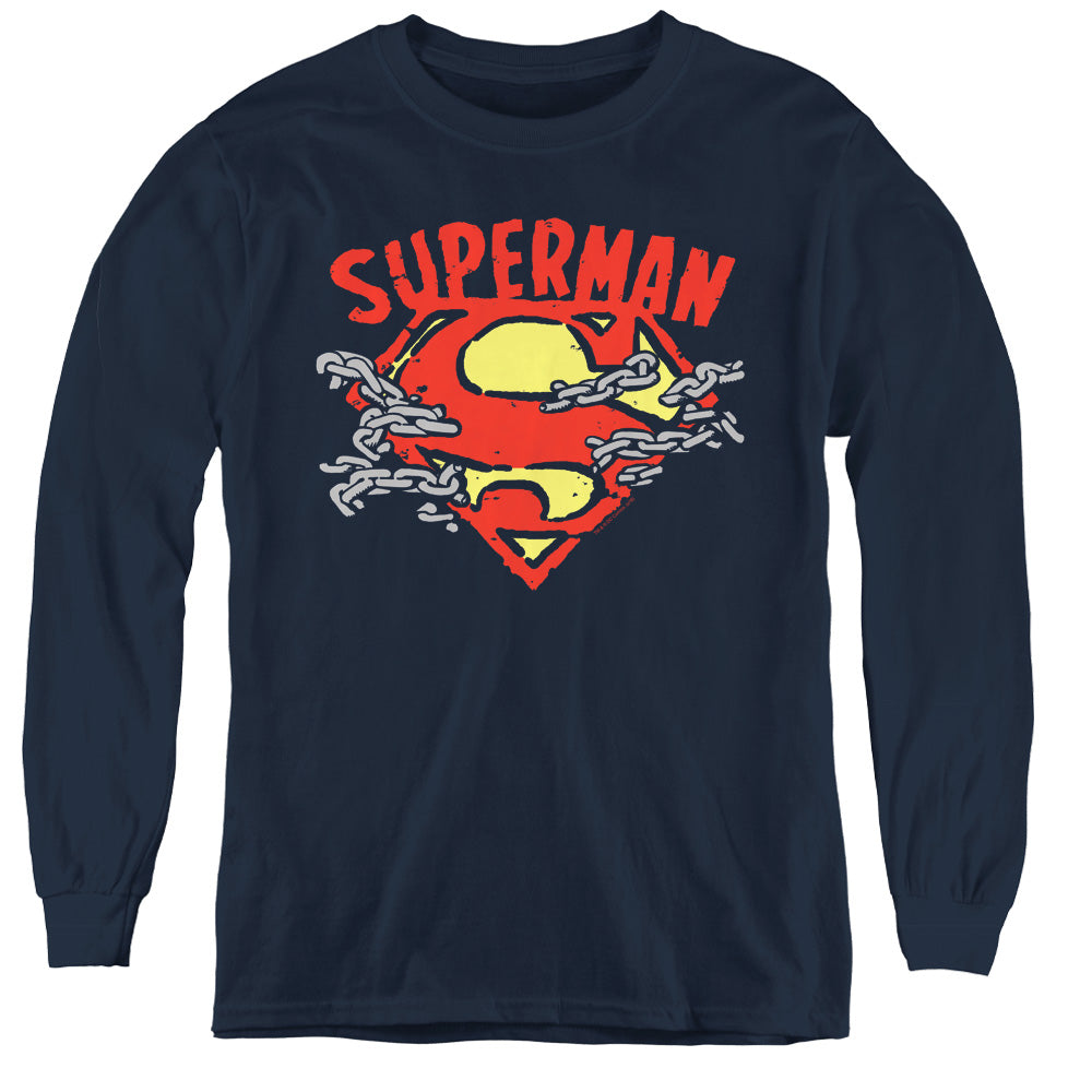 Superman Chain Breaking Long Sleeve Kids Youth T Shirt Navy