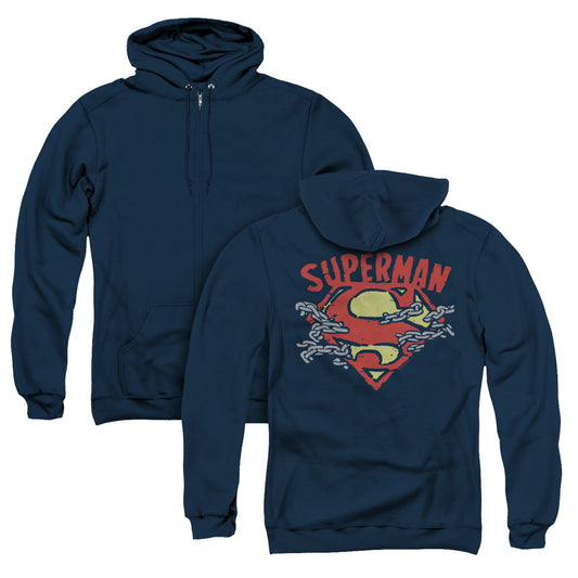 Superman Chain Breaking Back Print Zipper Mens Hoodie Navy